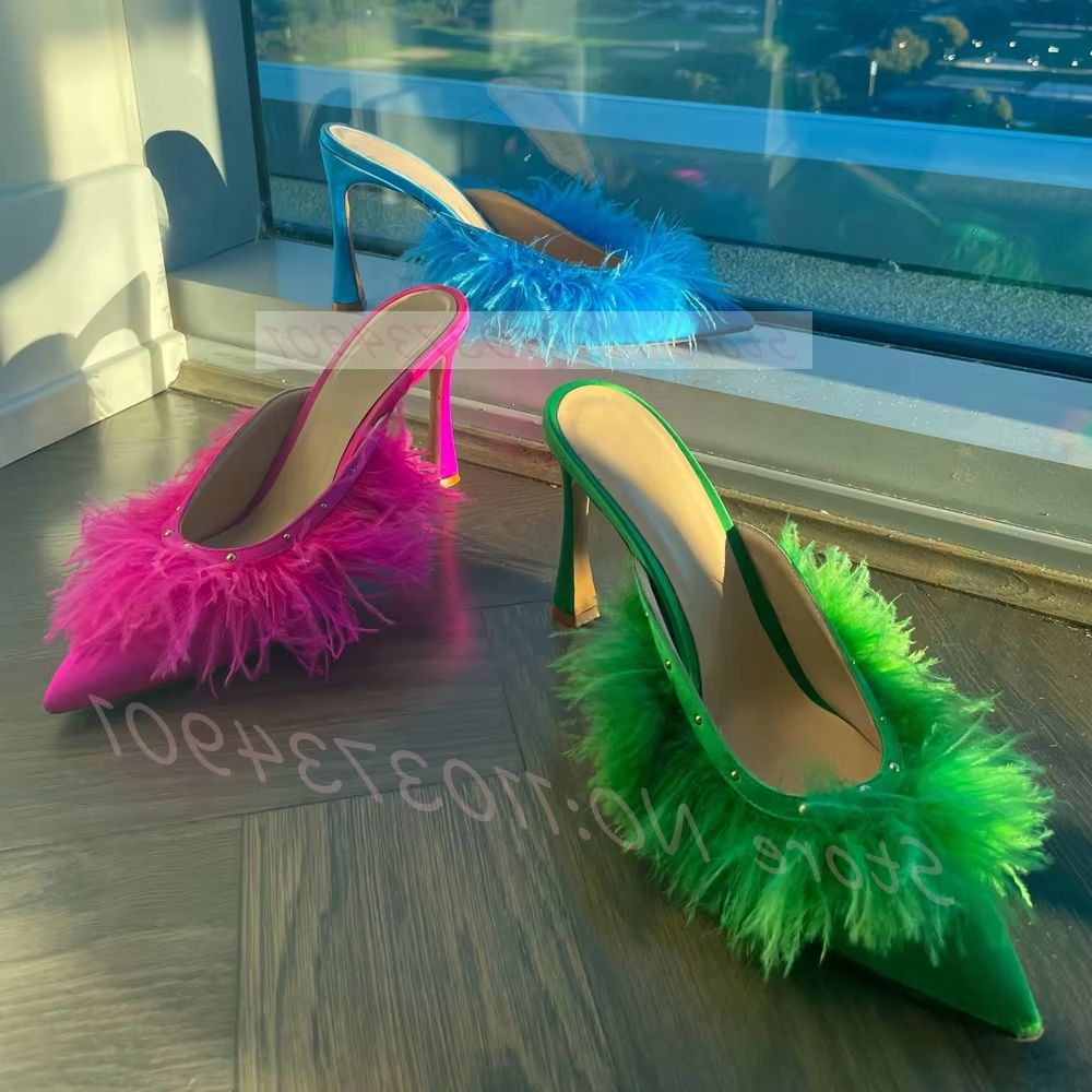 Court Heel Pointed - Fluffy Ostrich Feathers Heeled Mules Women