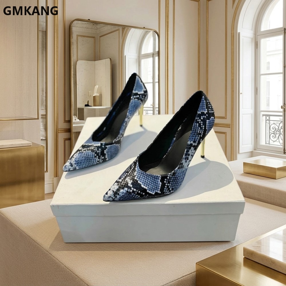Court Heel Pointed - Women Snake Print Pointed Toe Low