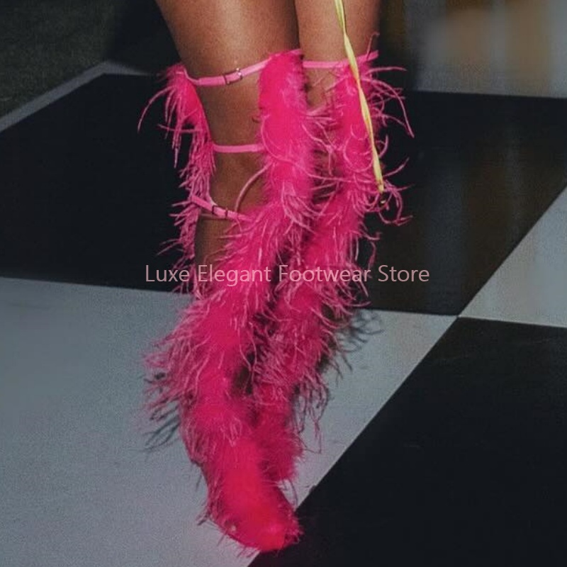 Pink Feather Strappy Hollow Bu - đánh giá và giá Knee High Boots Women